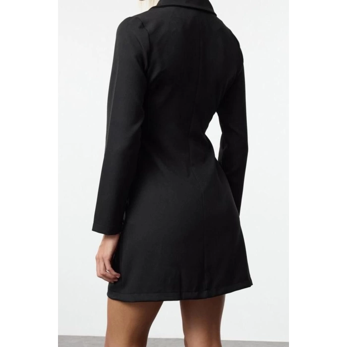Women Fashion Stylish Mini Length Jacket Collar Regular Double Breasted Tie Detailed Woven Jacket Dress
