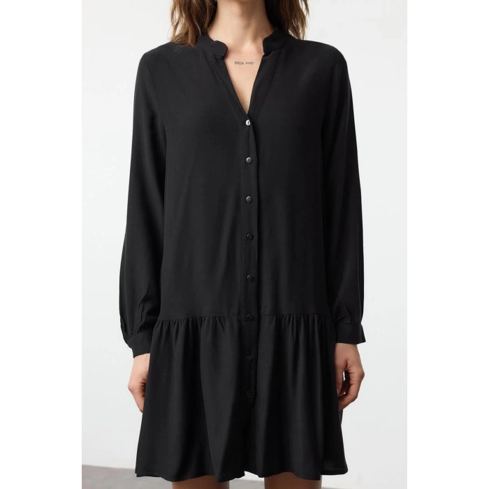 Women Fashion Stylish Mini Length Judge Collar Regular Thick Viscose Woven Shirt Dress