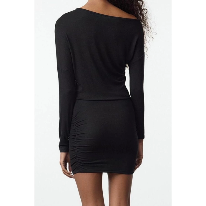 Women Fashion Stylish Mini Length Asymmetrical Neck Slim Bodycone Fitted Knitted Dress