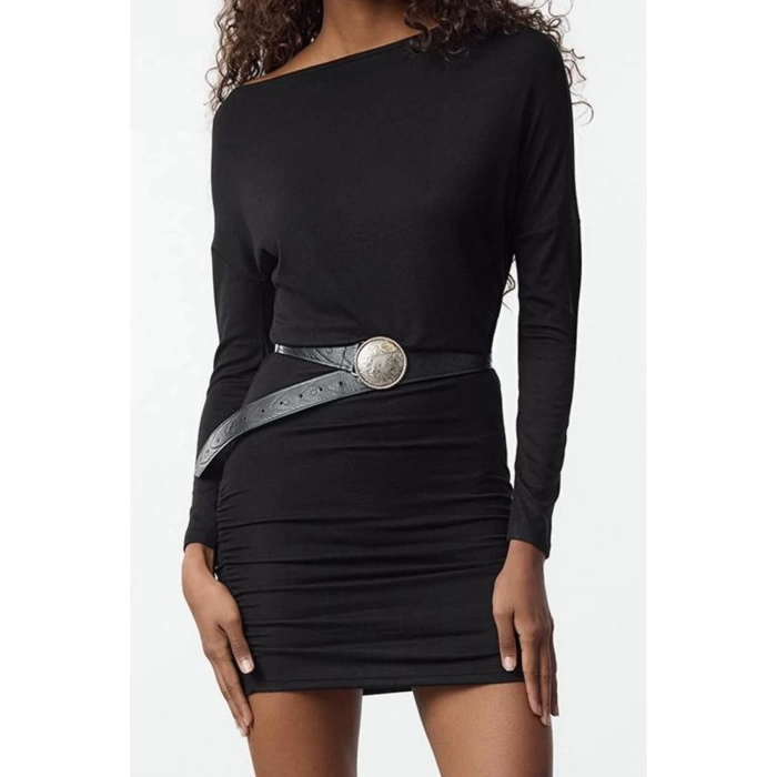Women Fashion Stylish Mini Length Asymmetrical Neck Slim Bodycone Fitted Knitted Dress