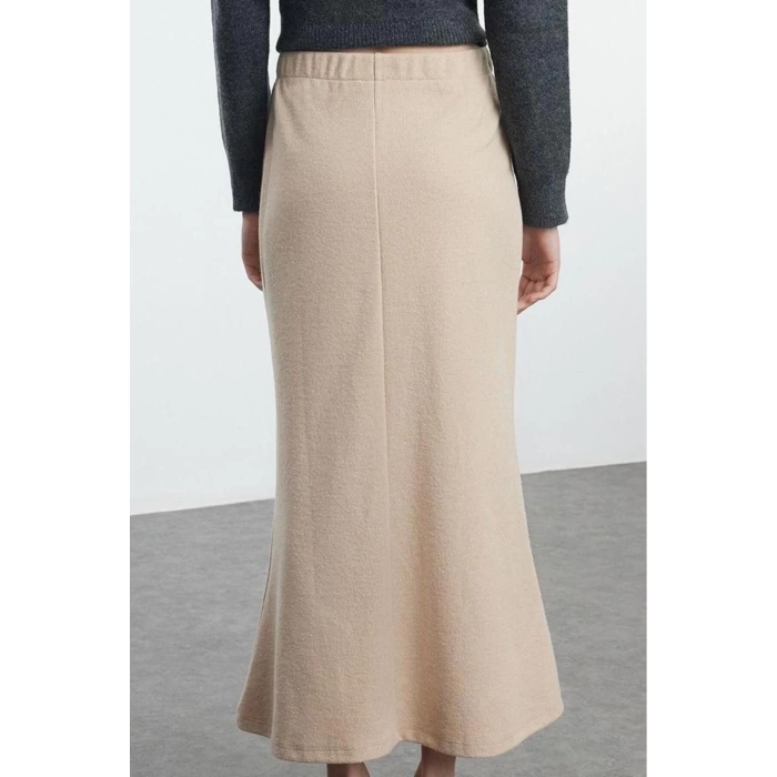 Kadın Moda Stil Midi Astarsız Örme Selanik Kumaş Balık Form Bağcık Detaylı Maxi Örme Etek