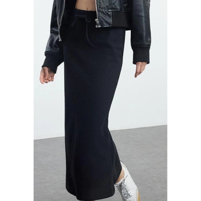 Kadın Moda Stil Midi Astarsız Örme Selanik Kumaş Balık Form Bağcık Detaylı Maxi Örme Etek
