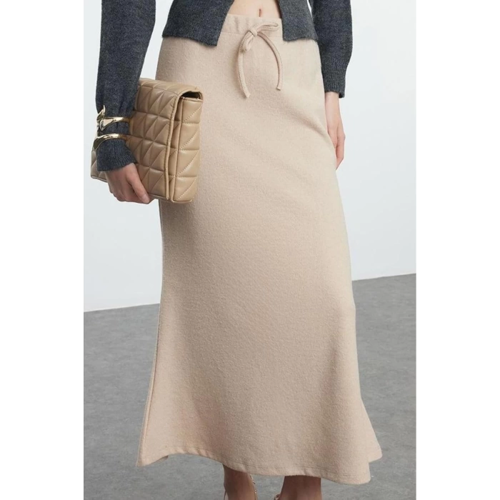 Kadın Moda Stil Midi Astarsız Örme Selanik Kumaş Balık Form Bağcık Detaylı Maxi Örme Etek