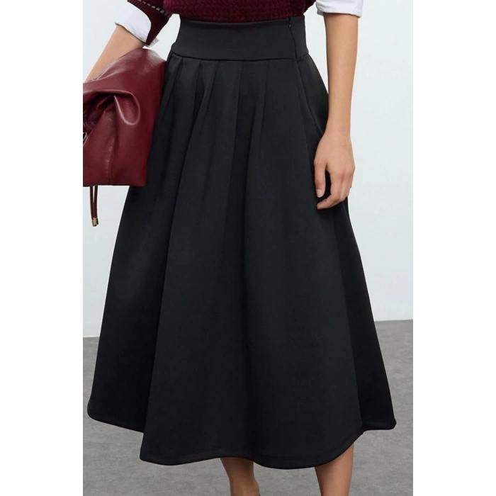 Kadın Moda Stil Midi Astarsız Örme Yüksek Bel Kloş Pili Detaylı Midi Etek