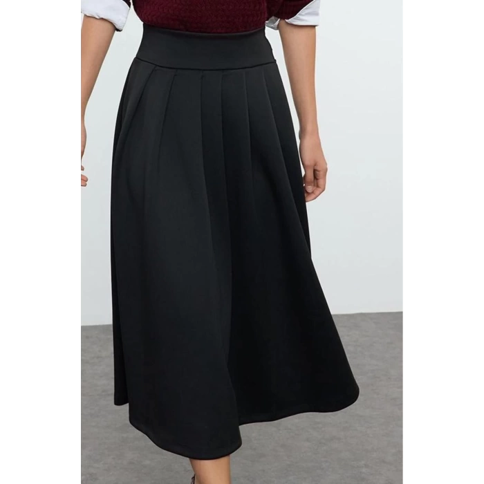 Kadın Moda Stil Midi Astarsız Örme Yüksek Bel Kloş Pili Detaylı Midi Etek
