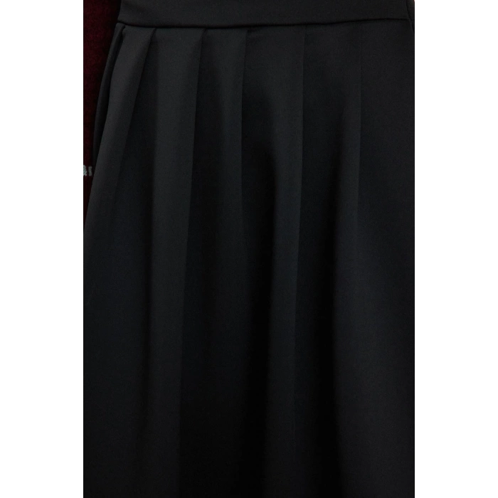 Kadın Moda Stil Midi Astarsız Örme Yüksek Bel Kloş Pili Detaylı Midi Etek