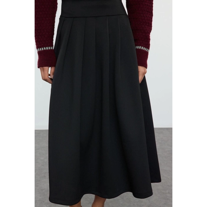 Kadın Moda Stil Midi Astarsız Örme Yüksek Bel Kloş Pili Detaylı Midi Etek