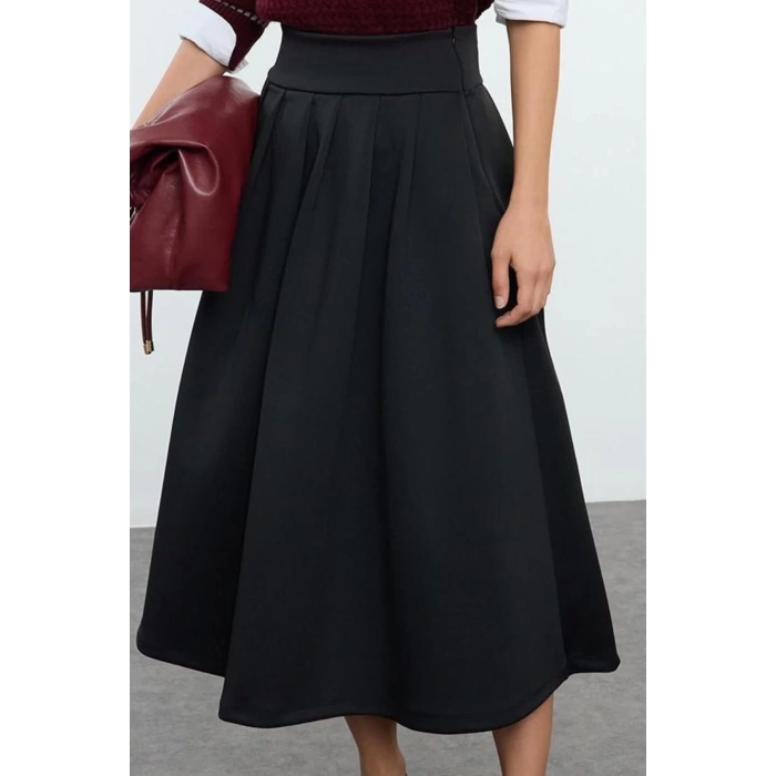 Kadın Moda Stil Midi Astarsız Örme Yüksek Bel Kloş Pili Detaylı Midi Etek