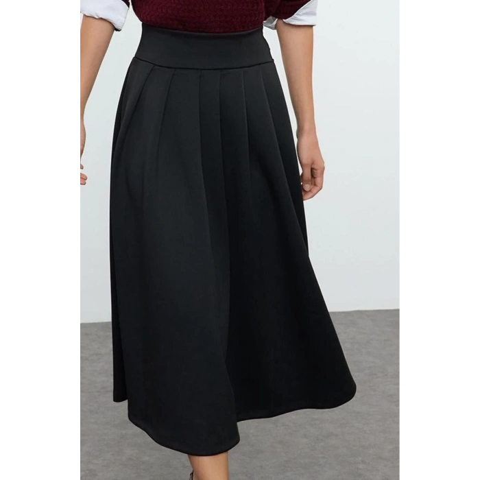 Kadın Moda Stil Midi Astarsız Örme Yüksek Bel Kloş Pili Detaylı Midi Etek