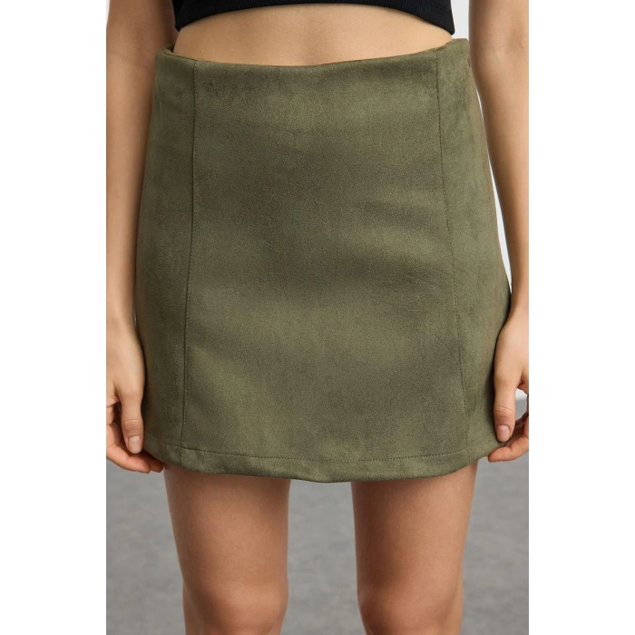 Women Fashion Style Mini Unlined Woven Suede Fabric A-line Mini Length Skirt