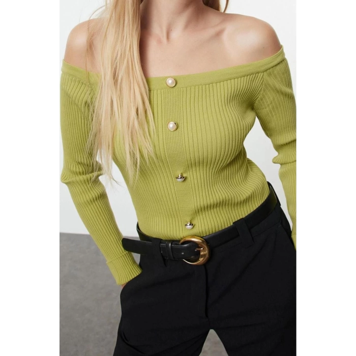 Kadın Moda Şık Kayık Yaka Standart Kol Regular Carmen Yaka Triko Hırka