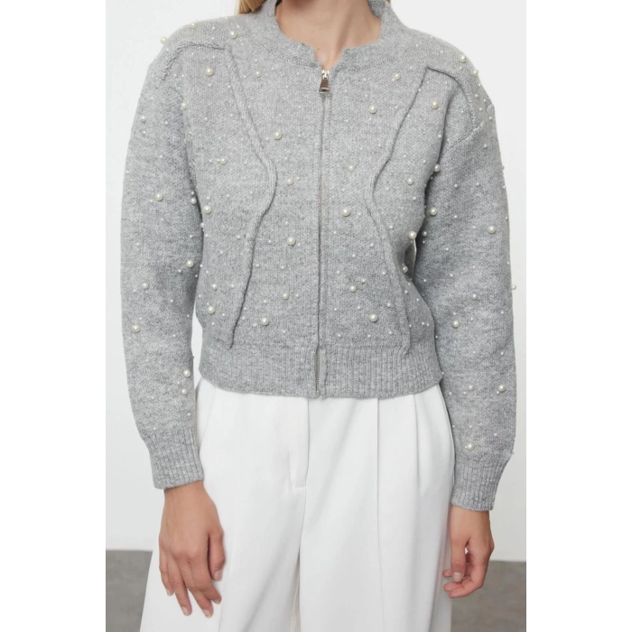 Womens Fashion Stylish Bomber Collar Standard Sleeve Regular Soft Zippered Stone Coat Look Knitwear Cardigan