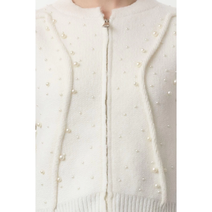 Womens Fashion Stylish Bomber Collar Standard Sleeve Regular Soft Zippered Stone Coat Look Knitwear Cardigan