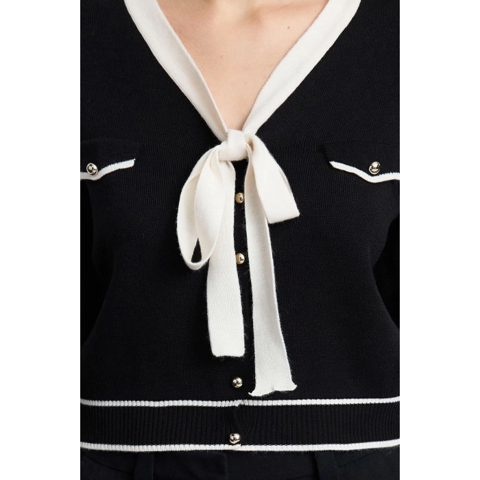 Womens Fashion Stylish V Neck Standard Sleeve Regular Ribbon Detailed Knitwear Cardigan