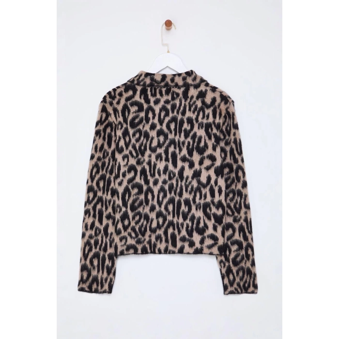 Women Fashion Stylish Polo Collar Standard Sleeve Regular Leopard Patterned Knitwear Cardigan