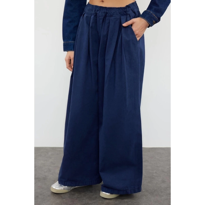 Kadın Moda Şık Kot Pantolon Geniş Paça Uzun Boy Denim Lacivert Pileli Yüksek Bel Jeans