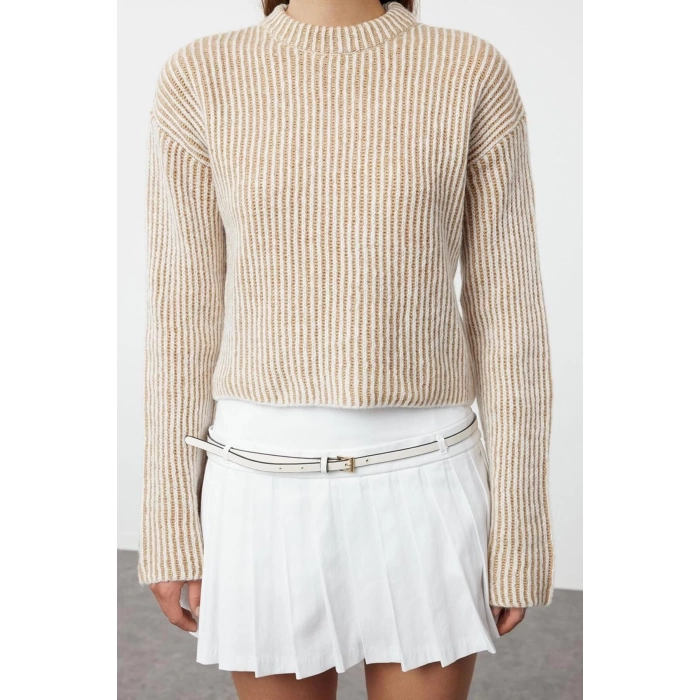 Kadın Moda Şık Bisiklet Yaka Standart Kol Crop Yumuşak Dokulu Triko Kazak
