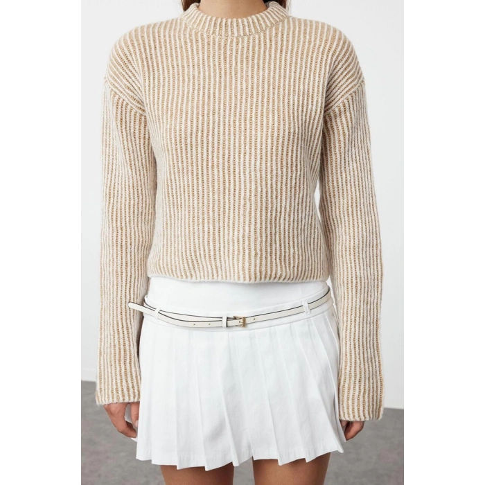 Kadın Moda Şık Bisiklet Yaka Standart Kol Crop Yumuşak Dokulu Triko Kazak