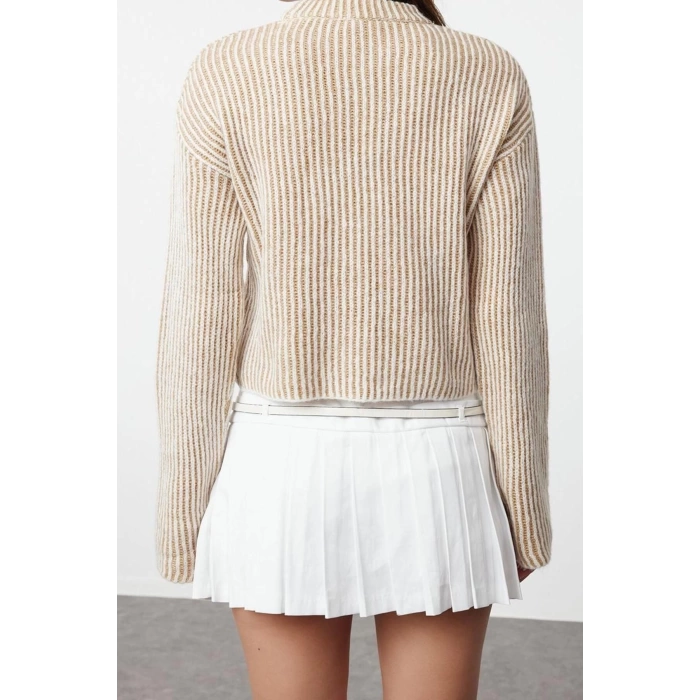 Kadın Moda Şık Bisiklet Yaka Standart Kol Crop Yumuşak Dokulu Triko Kazak