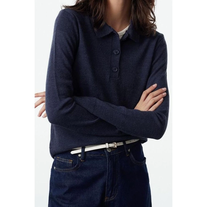 Women Fashion Stylish Polo Neck Standard Sleeve Regular Wool Knitted Sweater