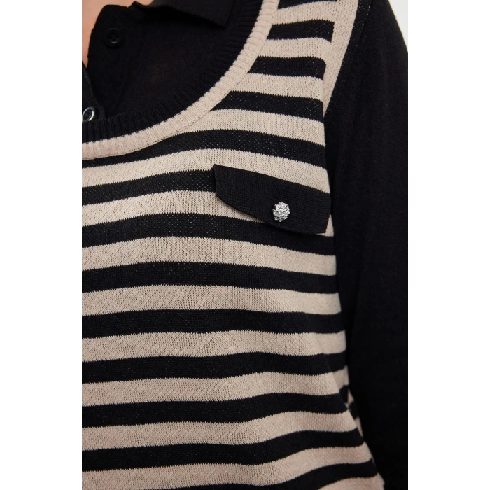 Women Fashion Stylish Polo Neck Standard Sleeve Regular Striped Woven Garnished Knitwear Sweater