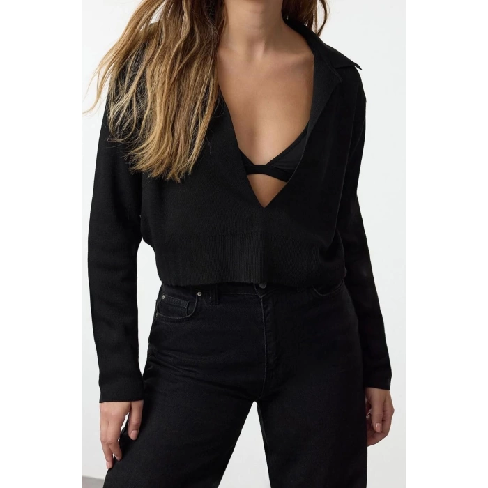 Women Fashion Stylish Polo Neck Standard Sleeve Crop Thin Knitwear Sweater