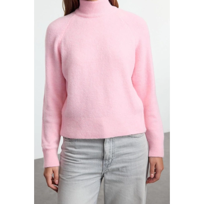 Kadın Moda Şık Dik Yaka Reglan Kol Regular Yünlü Triko Kazak