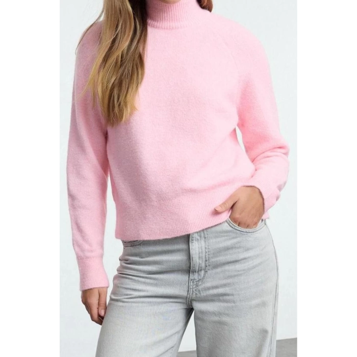 Kadın Moda Şık Dik Yaka Reglan Kol Regular Yünlü Triko Kazak