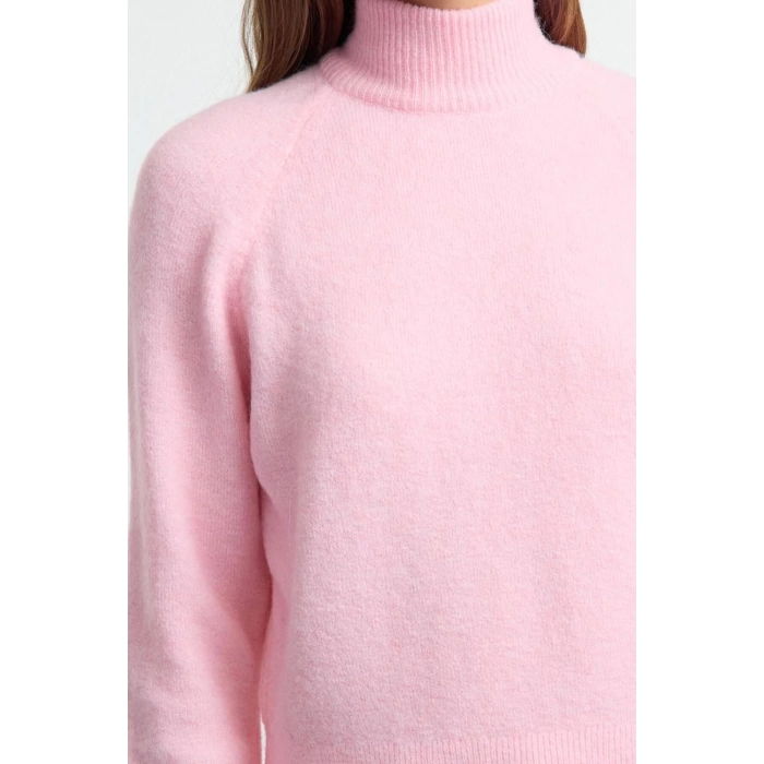 Kadın Moda Şık Dik Yaka Reglan Kol Regular Yünlü Triko Kazak