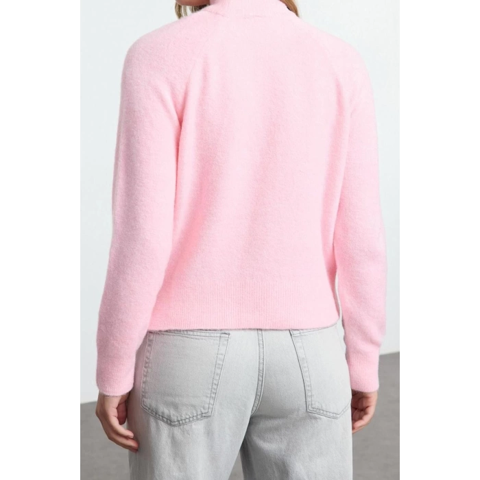 Kadın Moda Şık Dik Yaka Reglan Kol Regular Yünlü Triko Kazak