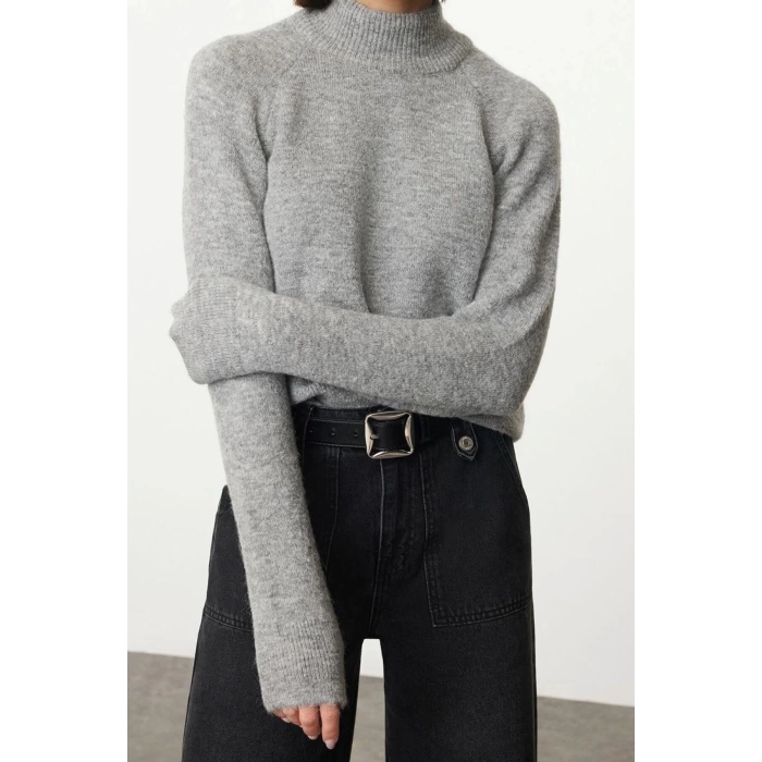 Kadın Moda Şık Dik Yaka Reglan Kol Regular Yünlü Triko Kazak