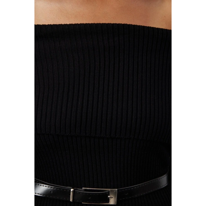 Women Fashion Stylish Carmen Collar Standard Sleeve Long Belted Knitwear Sweater