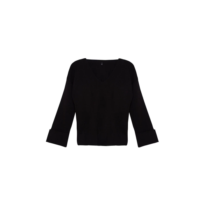 Women Fashion Stylish V Neck Low Sleeve Regular Wide Fit Folded Sleeve Knitwear Sweater
