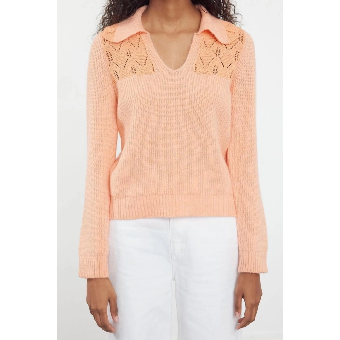 Womens Fashion Stylish Polo Neck Standard Sleeve Regular Embroidery Detailed Knitwear Sweater