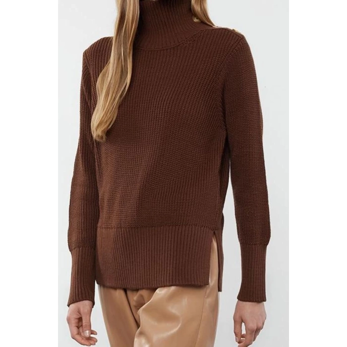 Women Fashion Stylish Turtleneck Standard Sleeve Regular Collar Button Detailed Knitwear Sweater