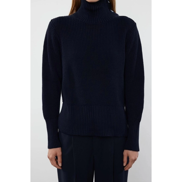Women Fashion Stylish Turtleneck Standard Sleeve Regular Collar Button Detailed Knitwear Sweater