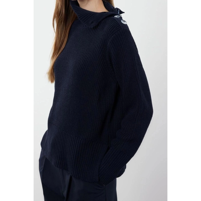 Women Fashion Stylish Turtleneck Standard Sleeve Regular Collar Button Detailed Knitwear Sweater