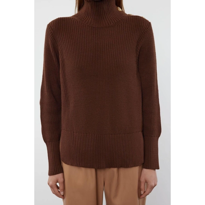Women Fashion Stylish Turtleneck Standard Sleeve Regular Collar Button Detailed Knitwear Sweater