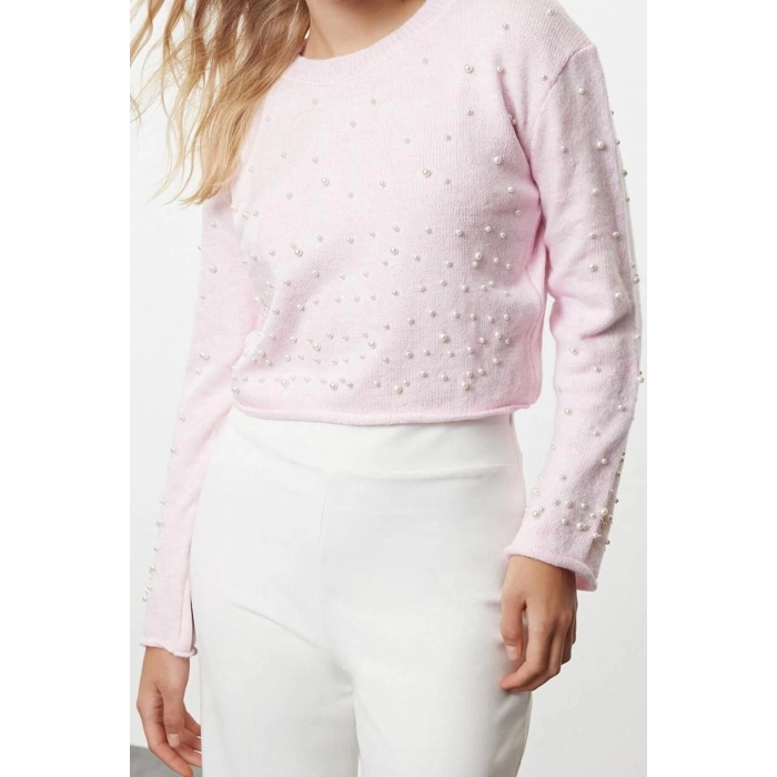 Kadın Moda Şık Bisiklet Yaka Standart Kol Regular Yumuşak Dokulu Crop Taşlı Triko Kazak