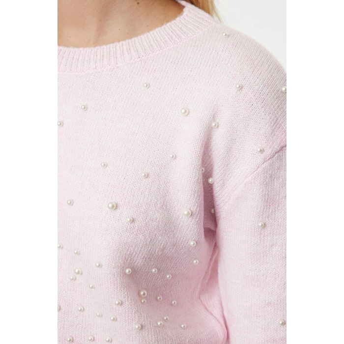 Kadın Moda Şık Bisiklet Yaka Standart Kol Regular Yumuşak Dokulu Crop Taşlı Triko Kazak
