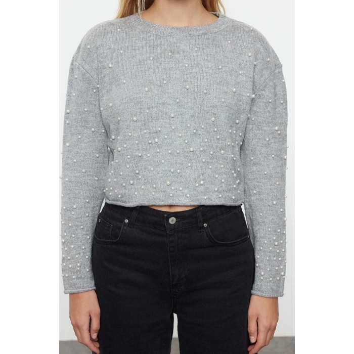 Kadın Moda Şık Bisiklet Yaka Standart Kol Regular Yumuşak Dokulu Crop Taşlı Triko Kazak
