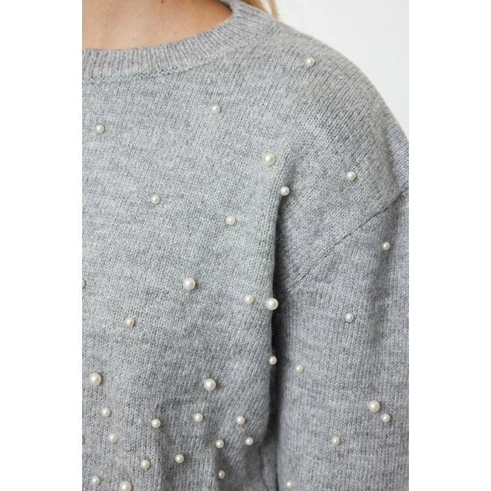 Kadın Moda Şık Bisiklet Yaka Standart Kol Regular Yumuşak Dokulu Crop Taşlı Triko Kazak