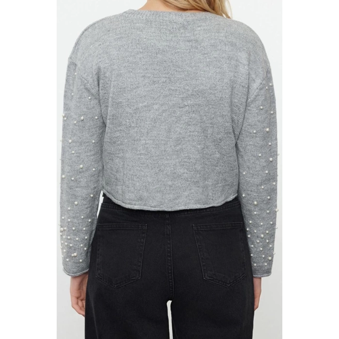 Kadın Moda Şık Bisiklet Yaka Standart Kol Regular Yumuşak Dokulu Crop Taşlı Triko Kazak