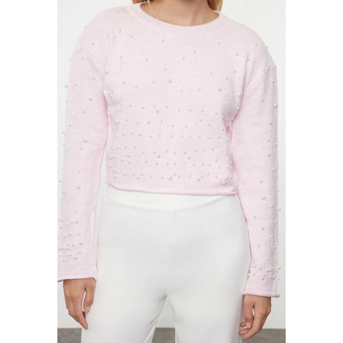 Kadın Moda Şık Bisiklet Yaka Standart Kol Regular Yumuşak Dokulu Crop Taşlı Triko Kazak