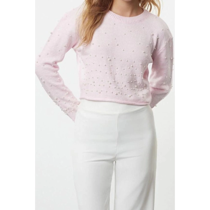 Kadın Moda Şık Bisiklet Yaka Standart Kol Regular Yumuşak Dokulu Crop Taşlı Triko Kazak