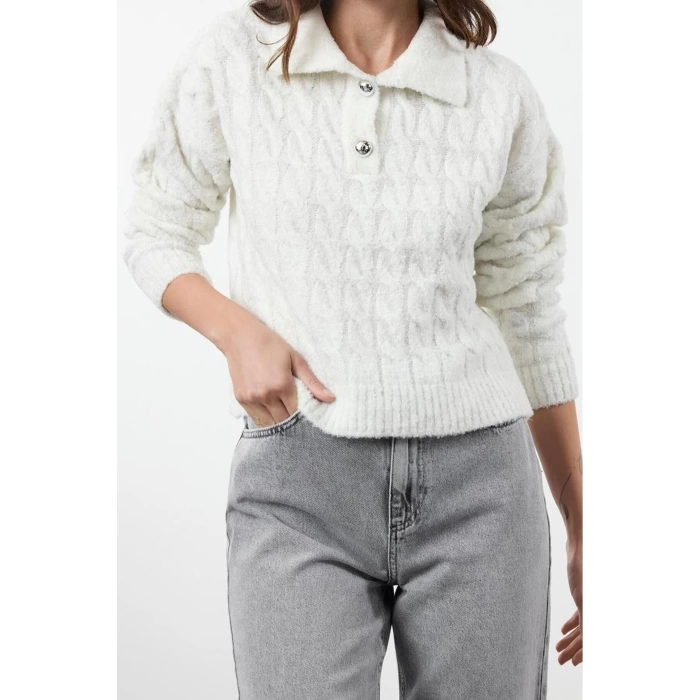 Women Fashion Stylish Polo Neck Standard Sleeve Regular Soft Textured Glittery Knitwear Sweater