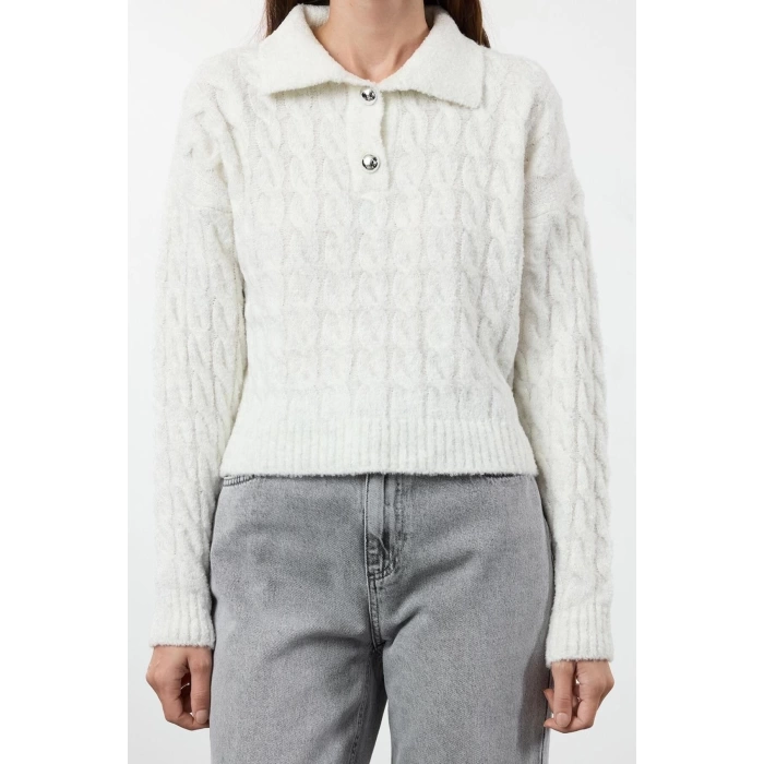 Women Fashion Stylish Polo Neck Standard Sleeve Regular Soft Textured Glittery Knitwear Sweater