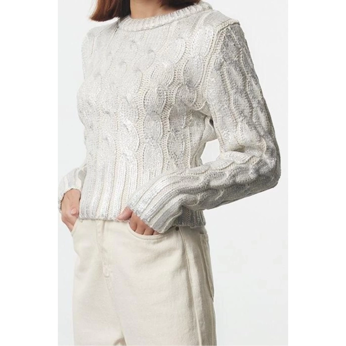 Women Fashion Stylish Crew Neck Standard Sleeve Regular Wide Pattern Foil Printed Knitwear Sweater