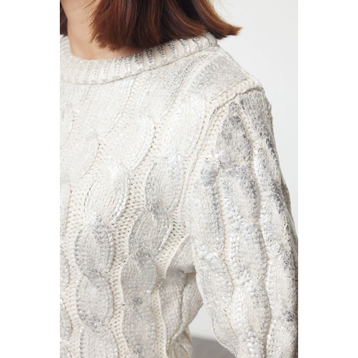 Women Fashion Stylish Crew Neck Standard Sleeve Regular Wide Pattern Foil Printed Knitwear Sweater