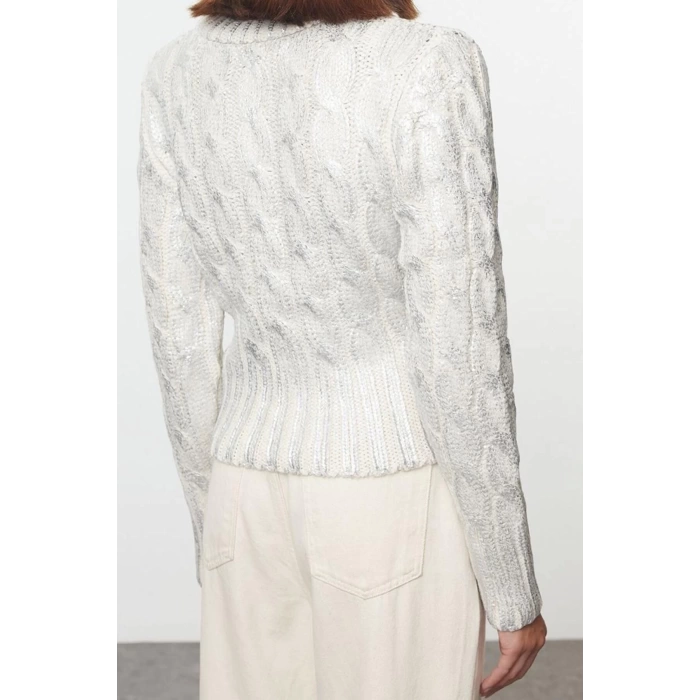Women Fashion Stylish Crew Neck Standard Sleeve Regular Wide Pattern Foil Printed Knitwear Sweater